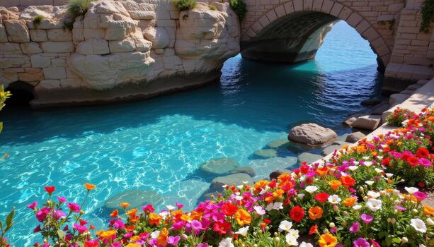 Turquoise waters glimmering beneath elegant stone arches, with vibrant flowers arranged in elaborate cascading patterns along the shoreline. photo