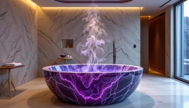 un opulento amatista bañera en un alto final spa ambiente, con suave difundido Encendiendo, elegante de madera acentos, y un sutil niebla creciente desde el agua superficie. foto