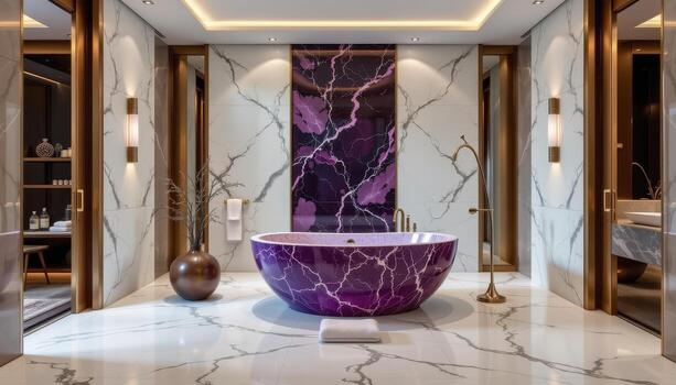 un moderno lujoso spa con un de pie amatista bañera, rodeado por pulido mármol, aromático difusores, y reflexivo superficies mejorando el sereno ambiente foto