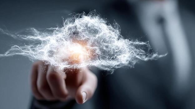 Person touching cloud computing network data connection photo