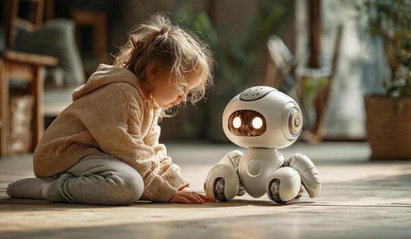 Child interacting with robot fostering friendship and technology photo