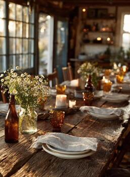 Rustic dinner table decorating for a cozy gathering setting photo