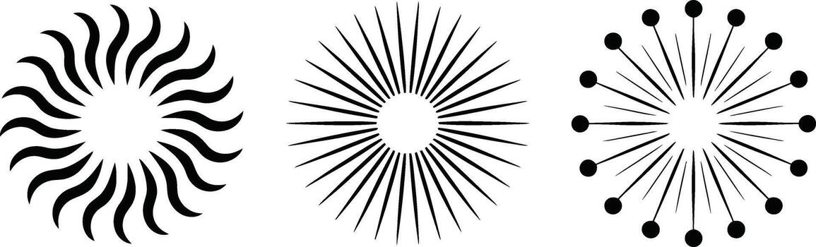 Three abstract circular sunburst or starburst graphic elements in black on white vector