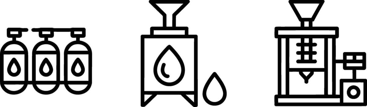 Set of three icons representing liquid dispensing and manufacturing processes vector