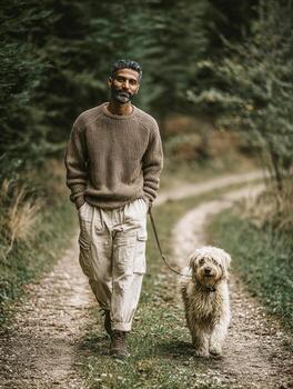 Man and shaggy dog walking on forest path photo