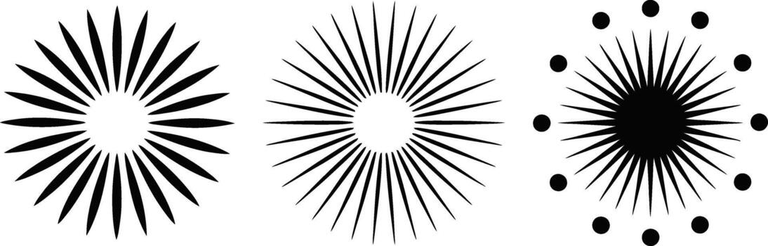 Three abstract radial burst patterns with sharp lines and dots on a white background vector