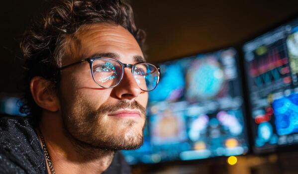 joven hombre analizando datos en múltiple pantallas en oscuro habitación foto