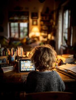 Child learning with tablet computer at home desk photo