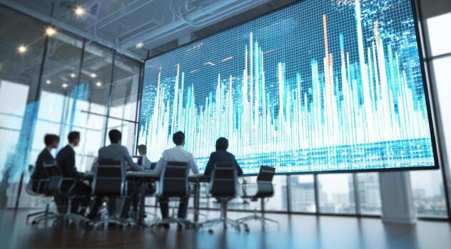 Business team analyzing financial data on large screen photo