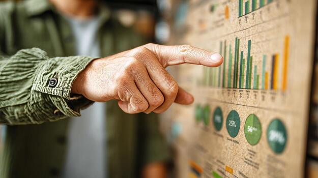 Hand pointing on business data analysis charts photo
