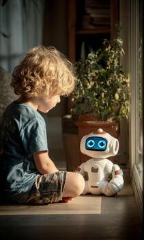 Child interacting with home assistant robot companion photo