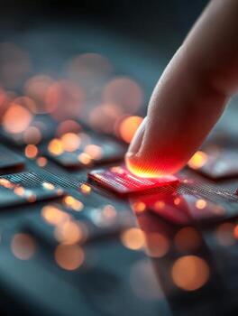 dedo conmovedor futurista brillante teclado para la seguridad cibernética acceso foto