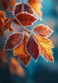 Autumn leaves covered in sparkling white frost photo