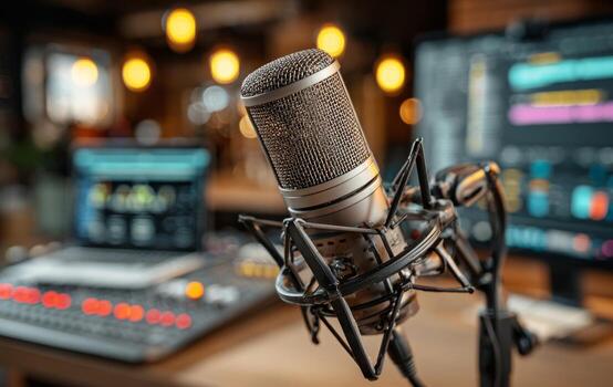 Recording a podcast in a professional studio setting photo