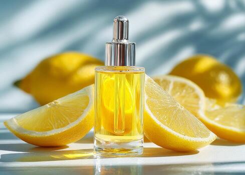 Lemon vitamin c serum with fresh citrus slices photo