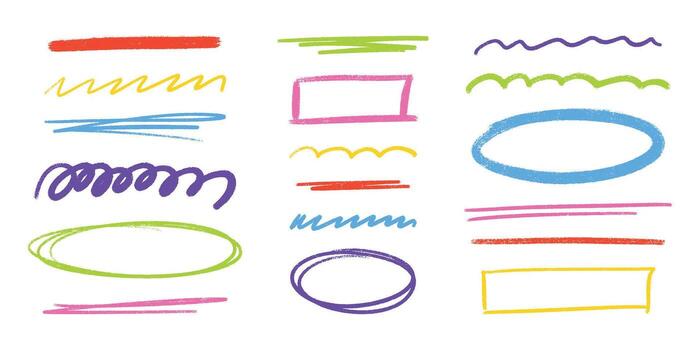 Colorful brush strokes and crayon pencil marks with chalk texture - wavy line patterns, underline elements, frames vector