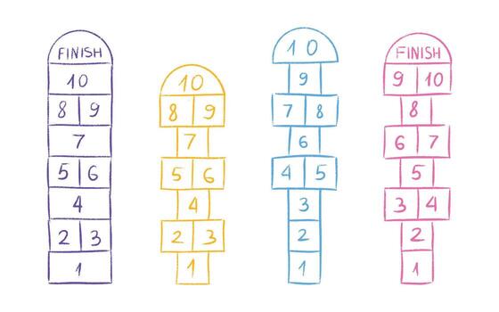 Hand drawn chalk hopscotch game grids with numbered squares and finish labels. vector
