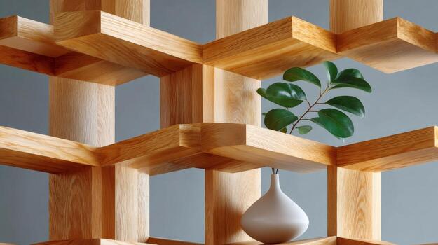 Wooden bookshelf displaying minimalist design and geometric pattern photo