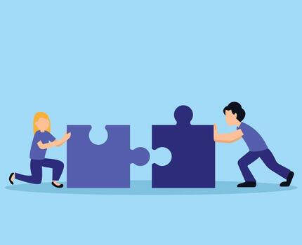 personas trabajando conectando rompecabezas piezas. trabajo en equipo para problema resolviendo concepto vector