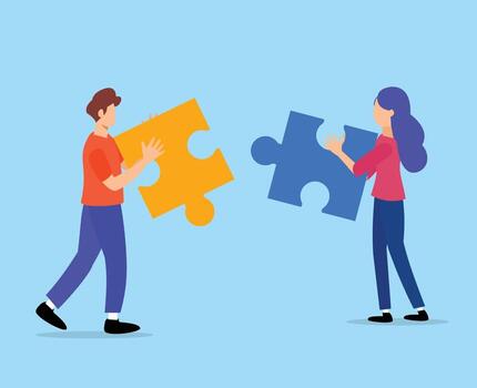 Couple connecting puzzle pieces background. Teamwork concept for problem solving vector