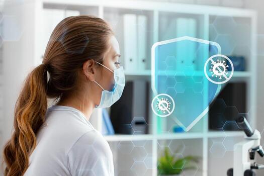 Medical professional analyzes data using microscope in a modern laboratory setting photo