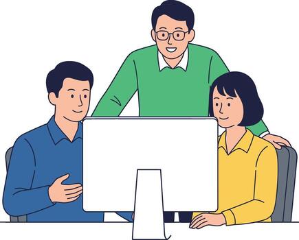 Three people of diverse backgrounds are gathered around a computer, appearing engaged in a discussion or presentation. vector