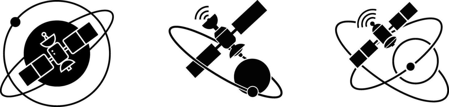 Abstract representations of satellites in orbit around earth illustrating orbital paths and communication signals in a stylized graphic style vector