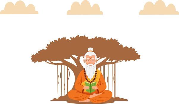 Ancient wise guru meditating peacefully under a large banyan tree reading a sacred book vector