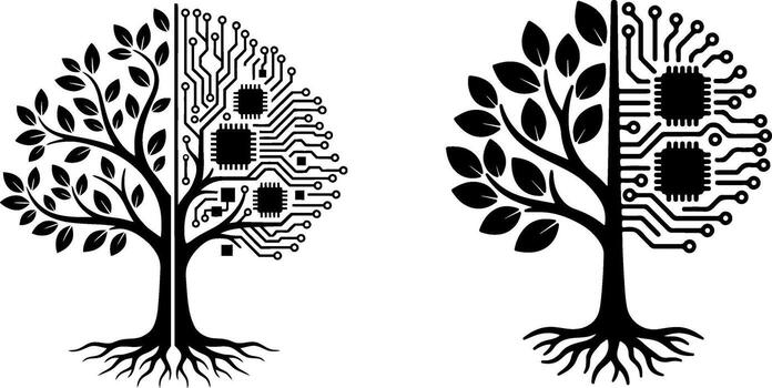 simbólico representación de un digital árbol fusionando naturaleza y tecnología con integrado circuitos y circuitería vector