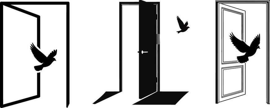 Three stark silhouette images depict birds in flight exiting or entering open doorways symbolizing freedom and transition vector