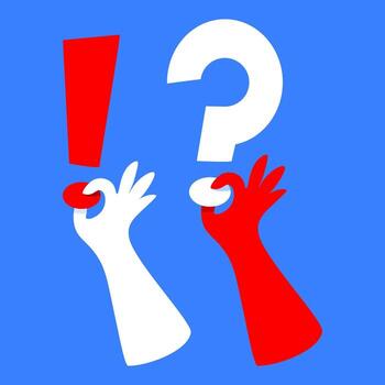 A set of two hands with a question mark and an exclamation mark for Election Day. vector