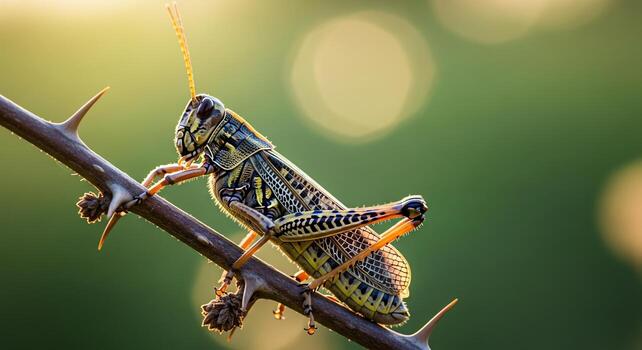 Macro photograph of a grasshopper perched on a thorny branch in a field during golden hour photo