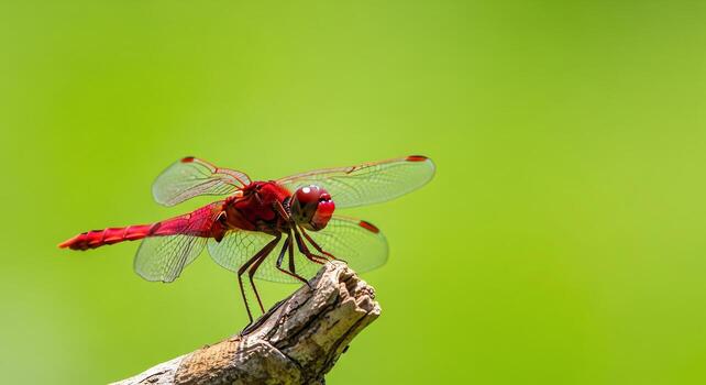 Close-up of a vibrant red dragonfly perched on a weathered branch against a soft green background photo