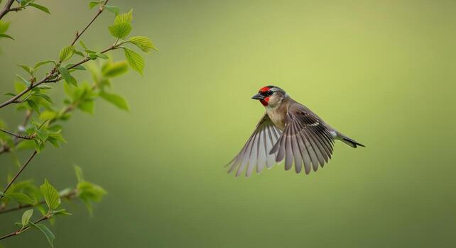 A beautiful close-up of a small bird in flight against a soft green bokeh background photo