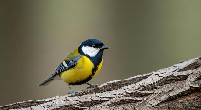 Great Tit Bird Perched on a Textured Tree Branch with Soft Bokeh Background photo