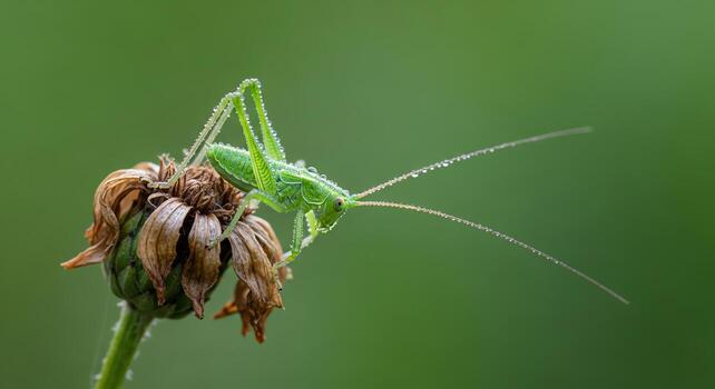 Macro photo of a green grasshopper covered in dew drops perched on a dried flower head with a soft green background