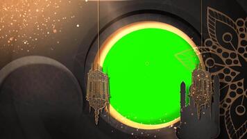ramadan kareem tema grön skärm ram med islamic dekorationer och lyktor, PR sekvens med krom nyckel effekt fem bildspel presentation mallar med grön skärm effekt och outro video