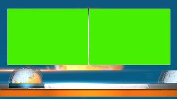 Newsroom slideshow template with double green screen sections for overlay graphics and virtual studio design with outro animation video