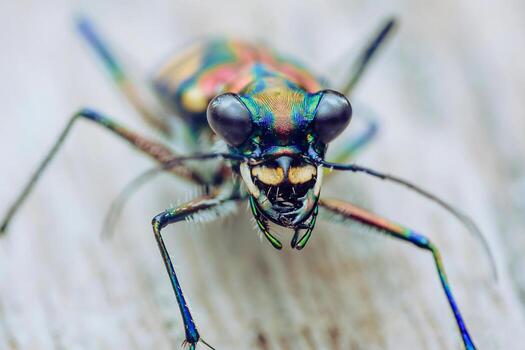 Iridescent tiger beetle displaying colorful macro details photo