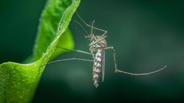 Mosquito resting on green leaf with dew drops photo