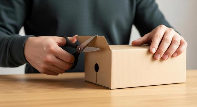 Economic recession, Repair and Reuse, A person cuts open a cardboard box with scissors, preparing to reveal its contents on a wooden table. photo