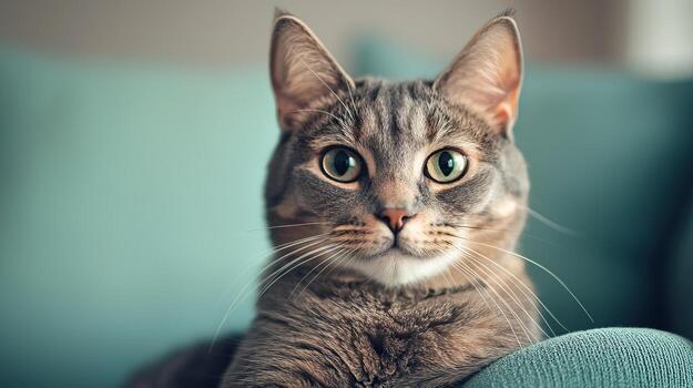un de cerca de un curioso gris gato con sorprendentes verde ojos, descansando cómodamente en un suave superficie. foto