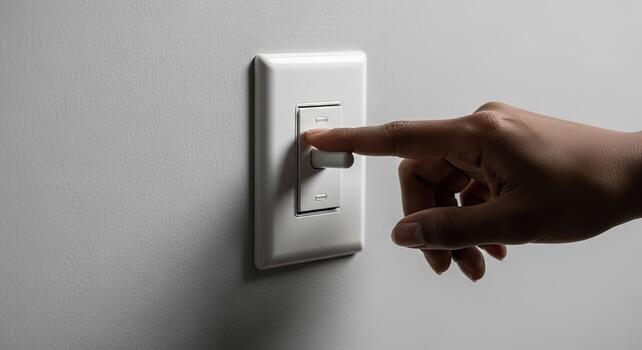 Economic recession, A hand is reaching for a light switch on a smooth, neutral-colored wall, saving conscious. photo