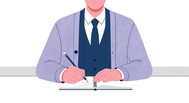 Man in cardigan writing in notebook at desk. vector