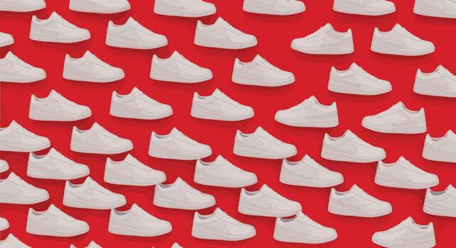 White Sneakers Pattern on Red Background. vector
