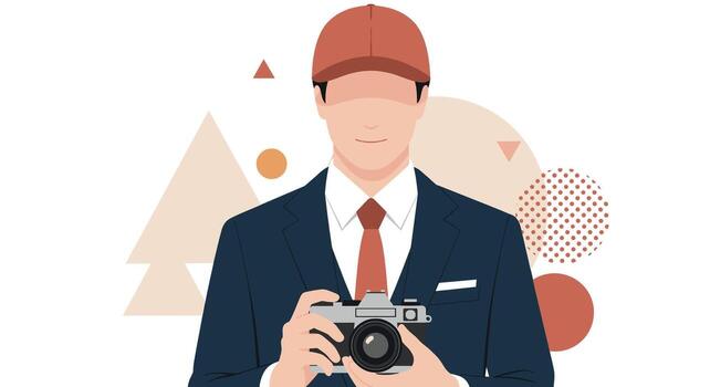 Man in Suit Holding Camera with Abstract Shapes. vector