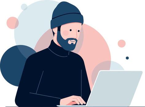 hombre vistiendo un gorro y suéter tipo con cuello de tortuga trabajando en un ordenador portátil. vector