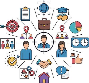 Diverse professionals connecting with business icons in a dynamic network symbolizing collaboration targeting and strategic partnership fo vector