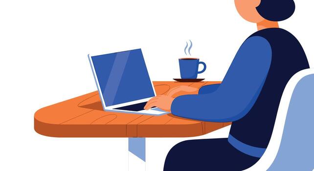 Focused woman working on a laptop at a wooden desk with a cup of coffee creating a productive and comfortable remote work environment at h vector