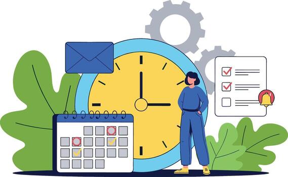 Focused woman managing tasks with a calendar clock and checklist in a modern office promoting efficiency and productivity in time manageme vector